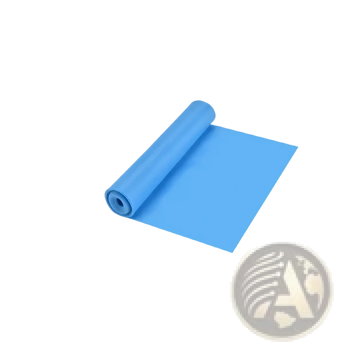 Blue silicone yoga mat rolled and partially unrolled showing smooth surface for resistance workout bands home fitness