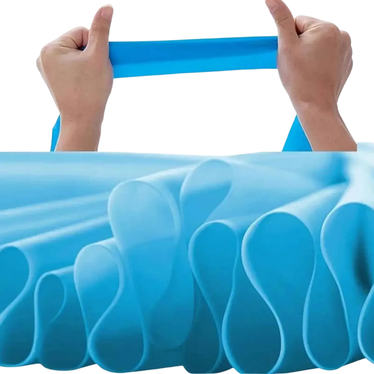Bright blue flexible silicone resistance workout band with ribbed texture for home fitness use