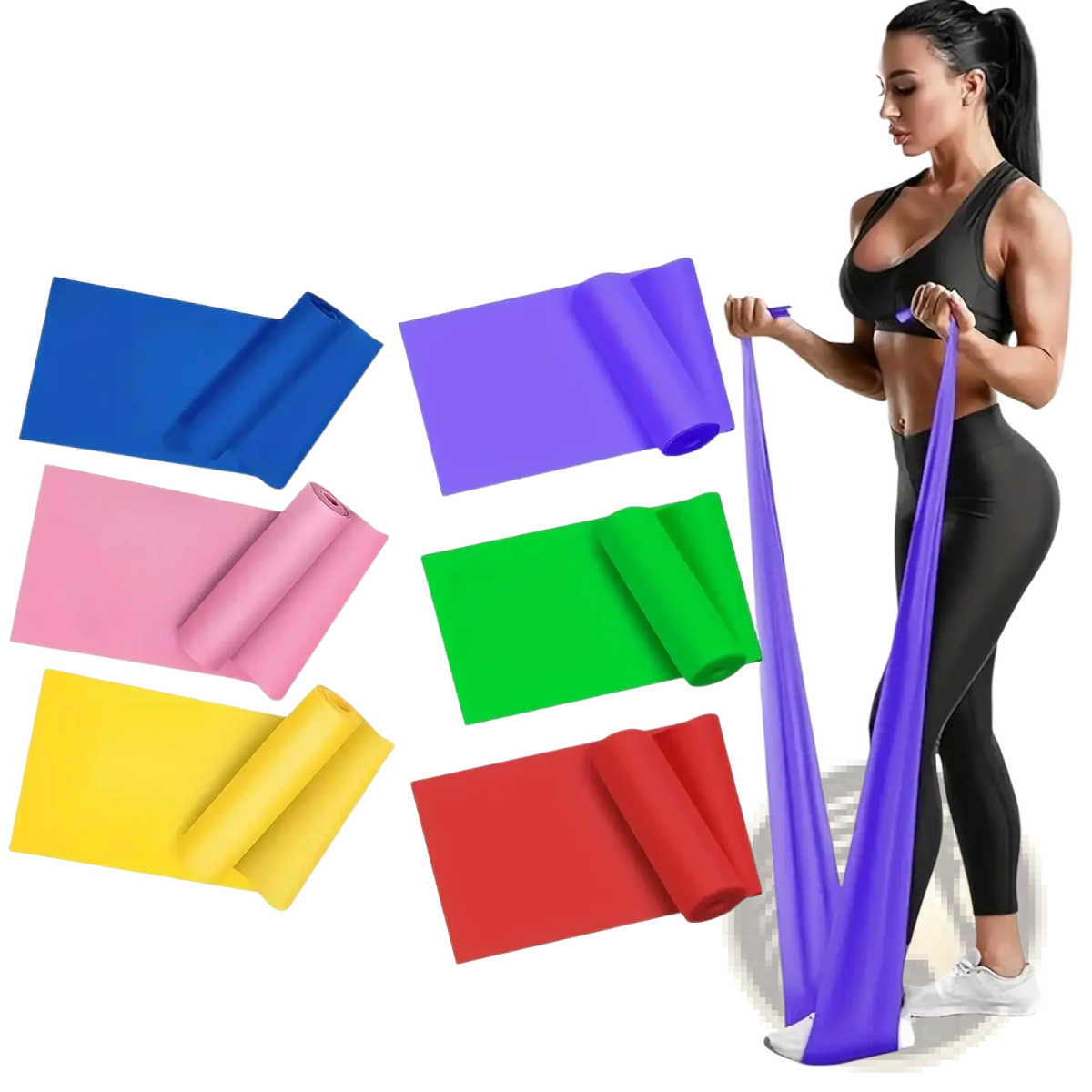 A woman in workout attire using a purple resistance workout band for home fitness exercises