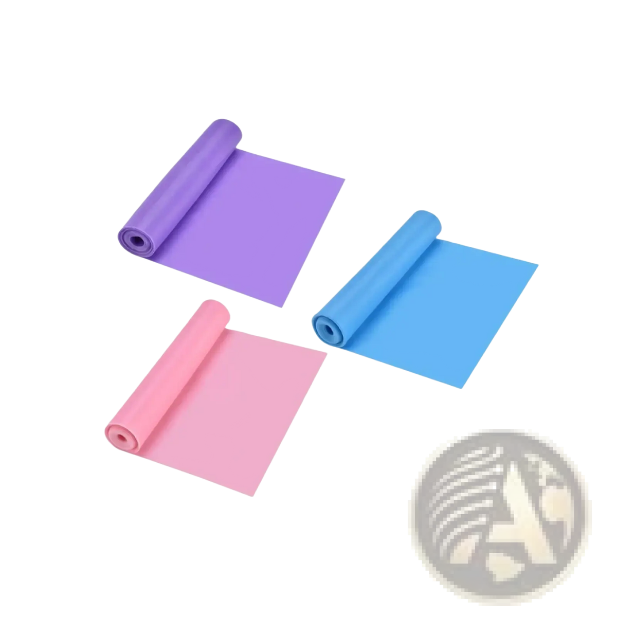 Three rolled resistance workout bands in soft purple bright blue and pastel pink for home fitness use