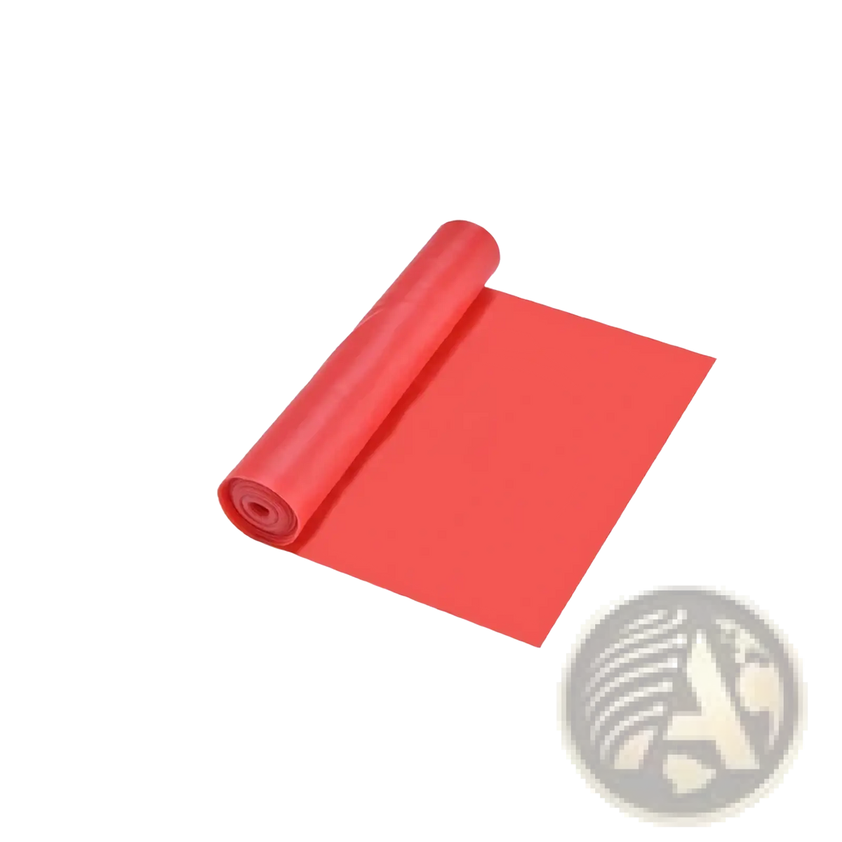 A vibrant red smooth-surfaced resistance workout band rolled neatly for home fitness use