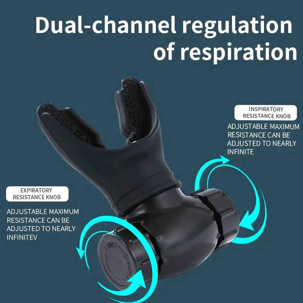 Black dual-channel adjustable snorkel regulator with textured grip and knurled knobs for respiratory trainer lung fitness device