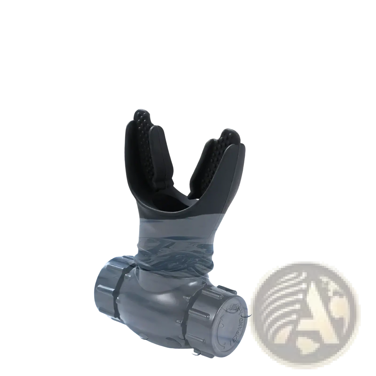 Black and gray silicone scuba diving regulator mouthpiece with textured grip for respiratory trainer lung fitness device