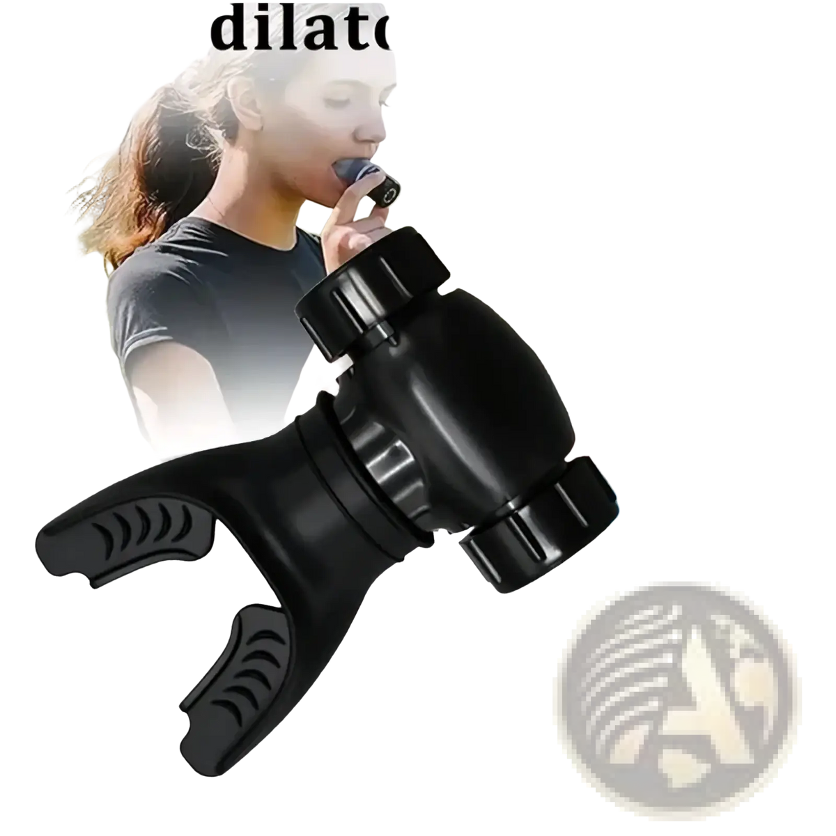 Black plastic respiratory trainer lung fitness device with textured grip handles and a central adjustment knob
