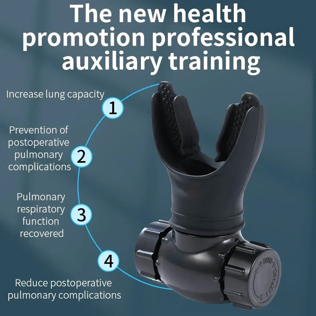 Black plastic respiratory trainer lung fitness device with textured grip and adjustable knob for breathing exercise