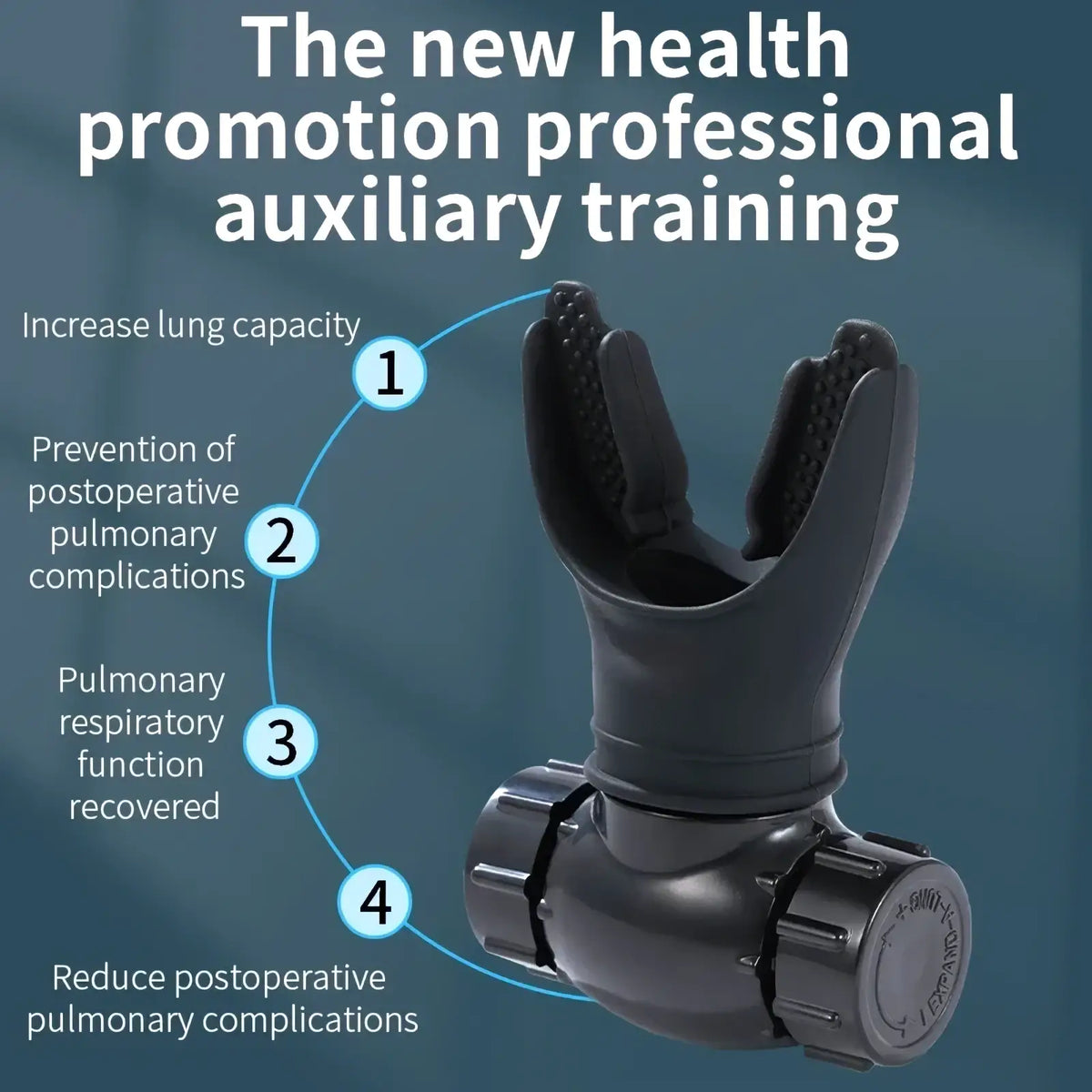 Black plastic respiratory trainer lung fitness device with textured grip and adjustable knob for breathing exercise
