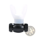 Black plastic diver’s regulator with translucent white mouthpiece for respiratory trainer lung fitness device use