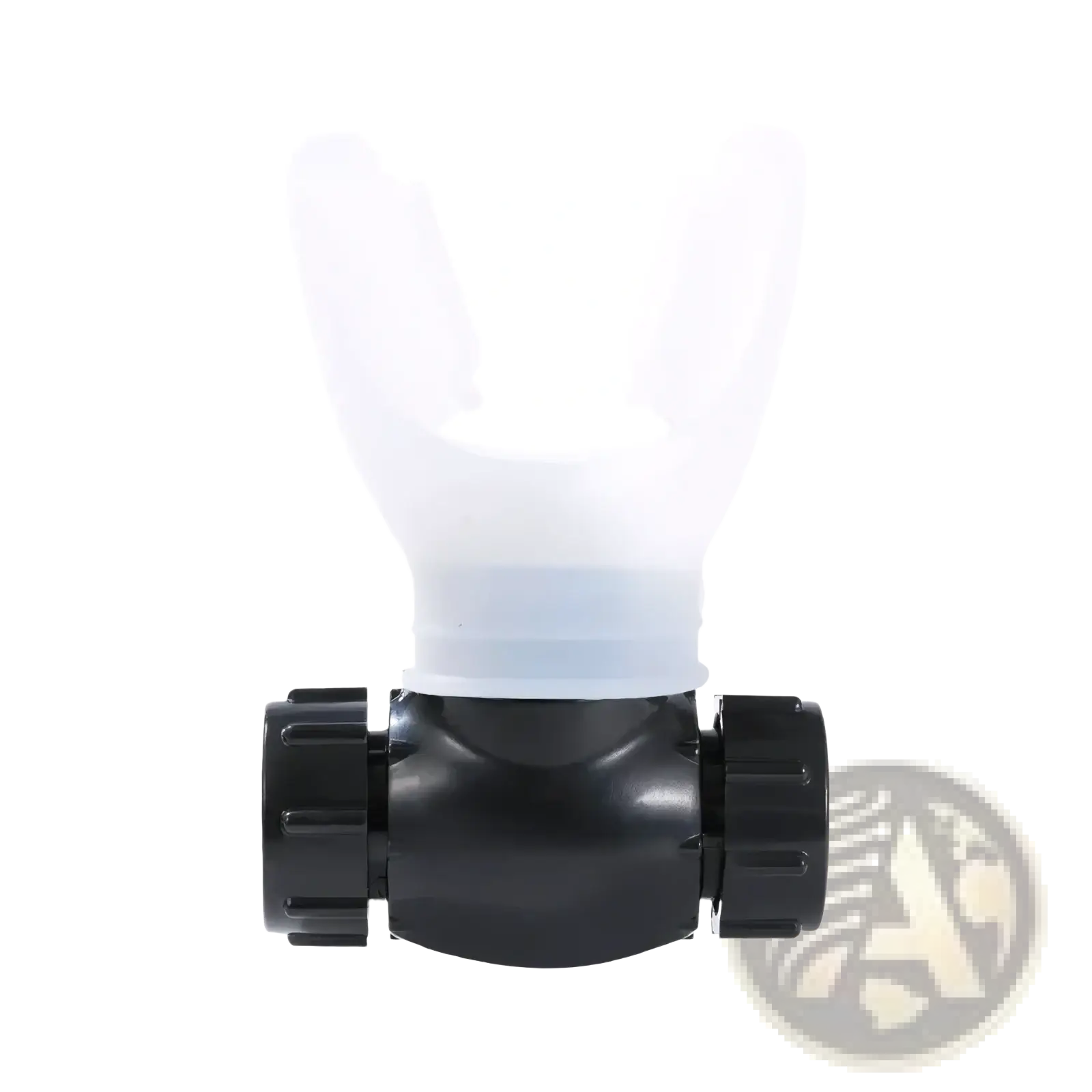 Black plastic diver’s regulator with translucent white mouthpiece for respiratory trainer lung fitness device use