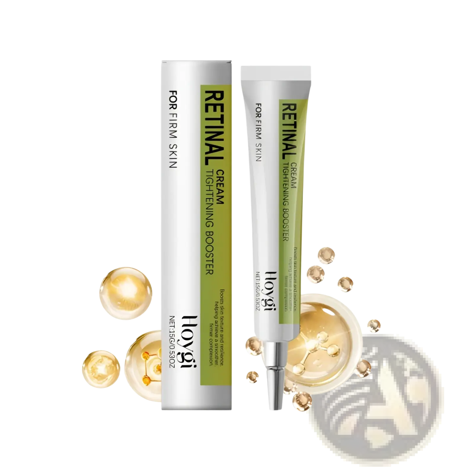 Silver and green tube of hovygi retinal cream skin tightening booster for firm and youthful skin care use