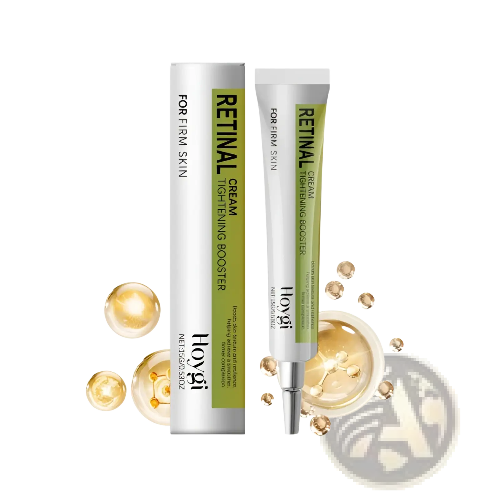 White and green retinal cream tube with silver cap by Hovygi for firm skin and skin tightening booster benefits