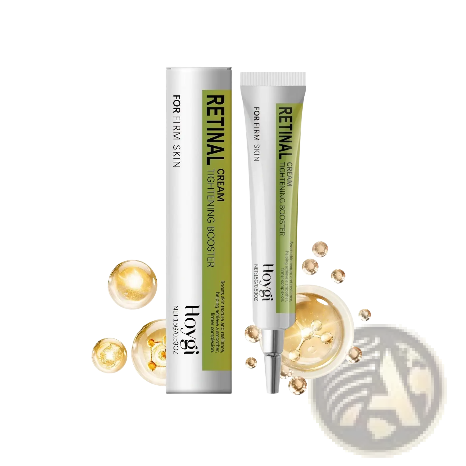 Silver and green retinal cream skin tightening booster tube by Hovygi with a metallic cap for firming skin care