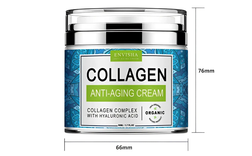 Envisha retinol collagen anti-aging cream in a clear glass jar with silver lid and blue patterned label 50g with vitamin e