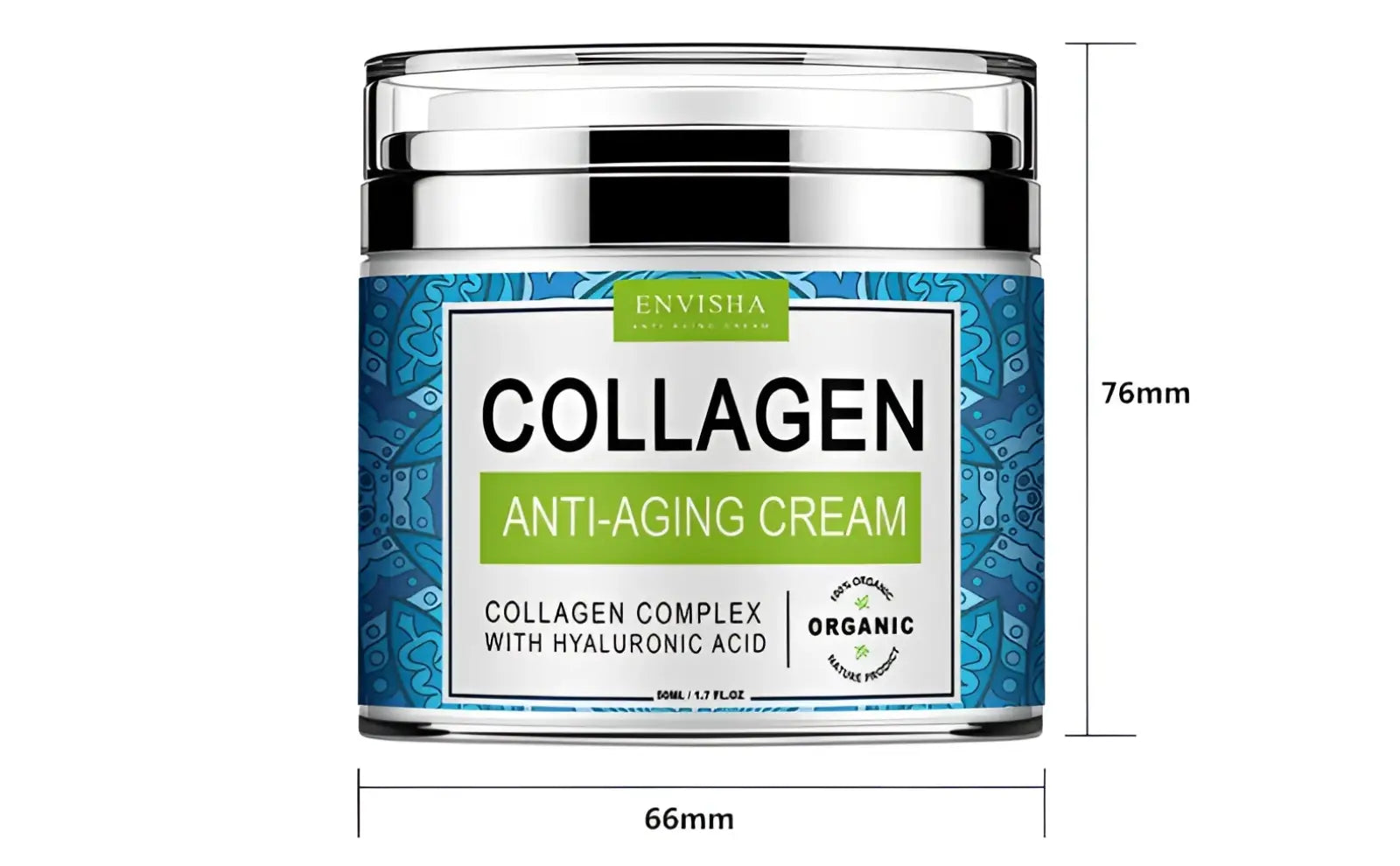 Envisha retinol collagen anti-aging cream in a clear glass jar with silver lid and blue patterned label 50g with vitamin e