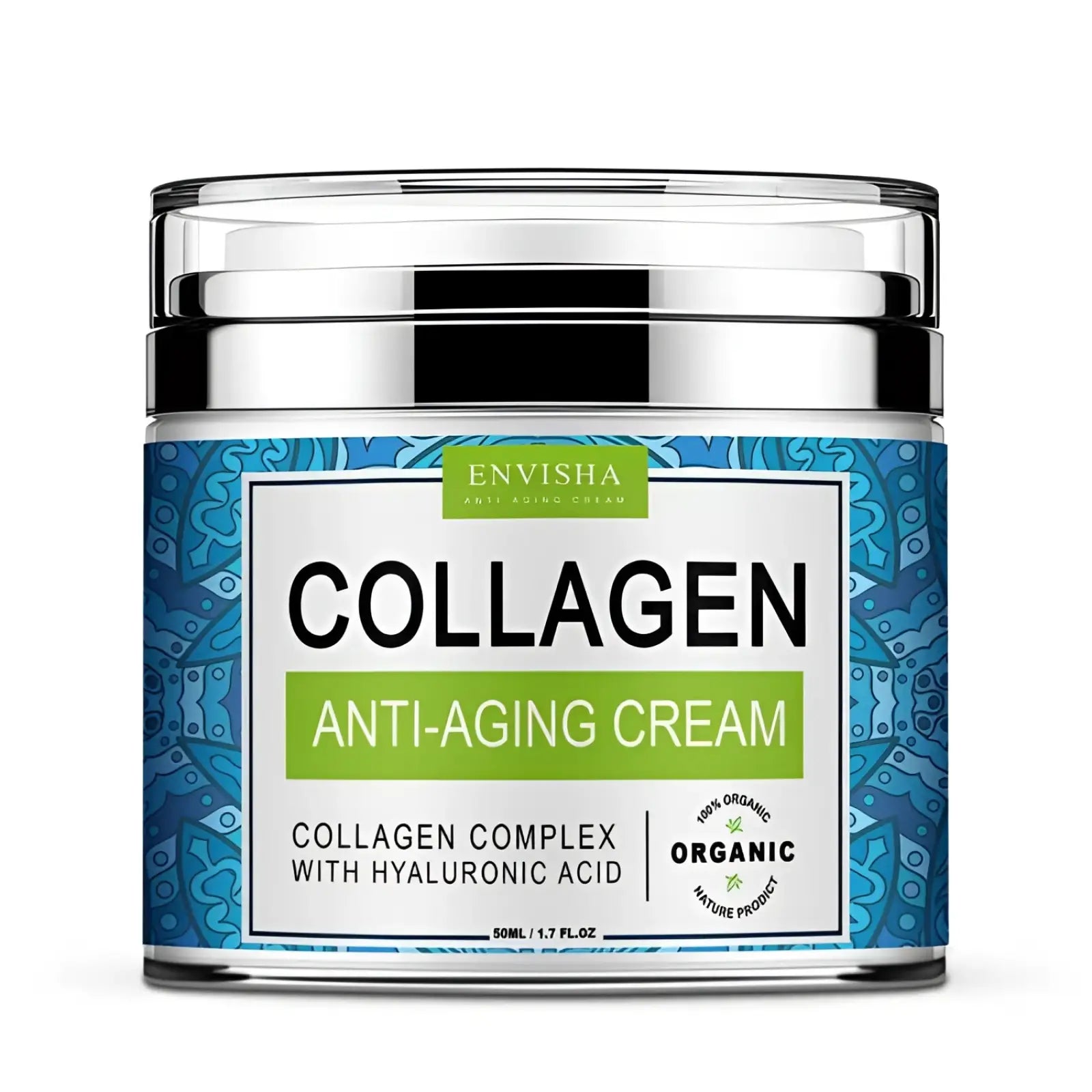Envisha retinol collagen anti-aging cream with vitamin E in a clear glass jar with silver lid and blue patterned label
