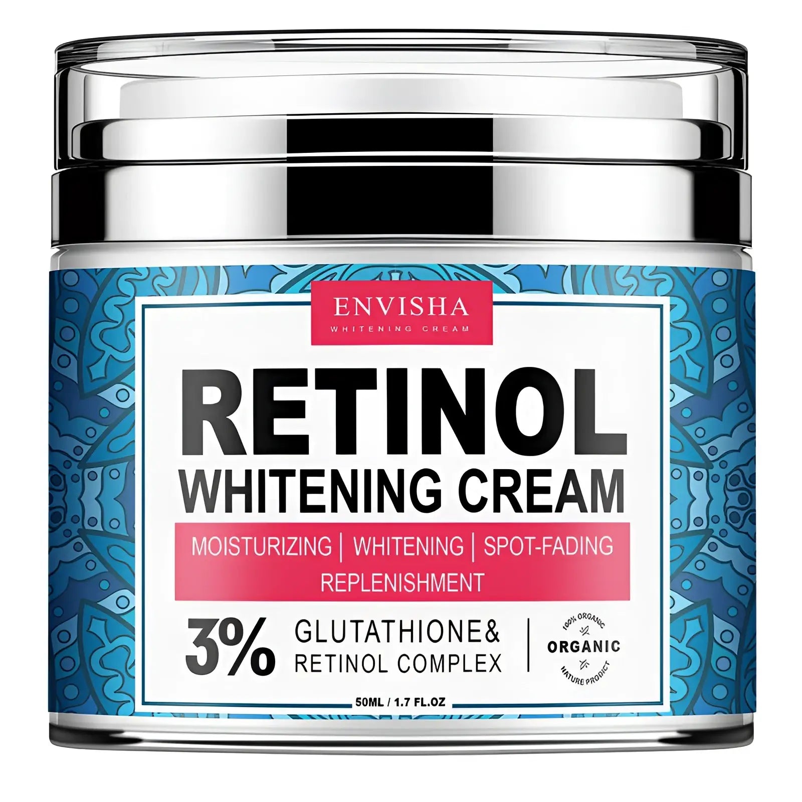 Envisha retinol collagen anti-aging cream in a silver jar with a blue patterned label featuring vitamin E 50g