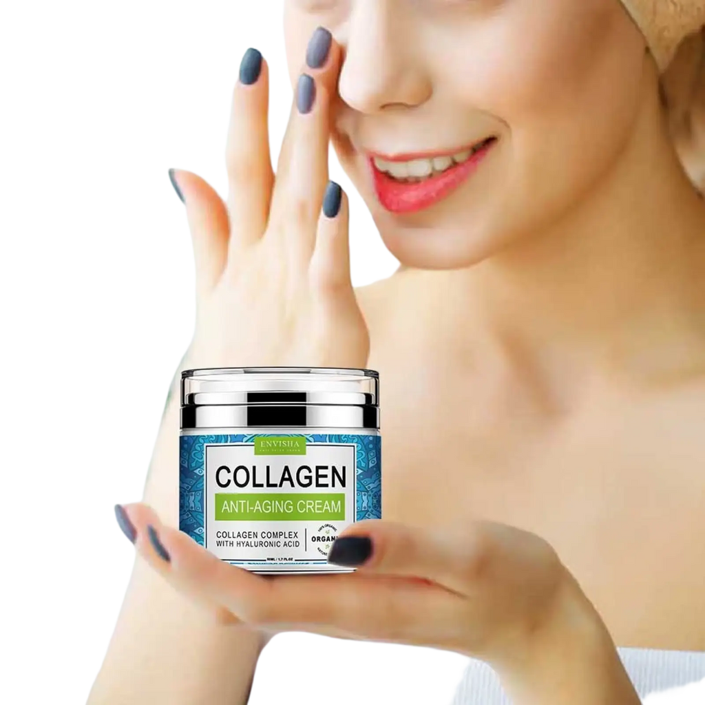 A sleek 50g silver-lidded jar of envisia retinol collagen anti-aging cream with vitamin e and blue white label patterns