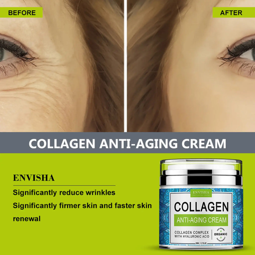 Envisha retinol collagen anti-aging cream with vitamin E in a sleek silver and blue jar with ornate label design