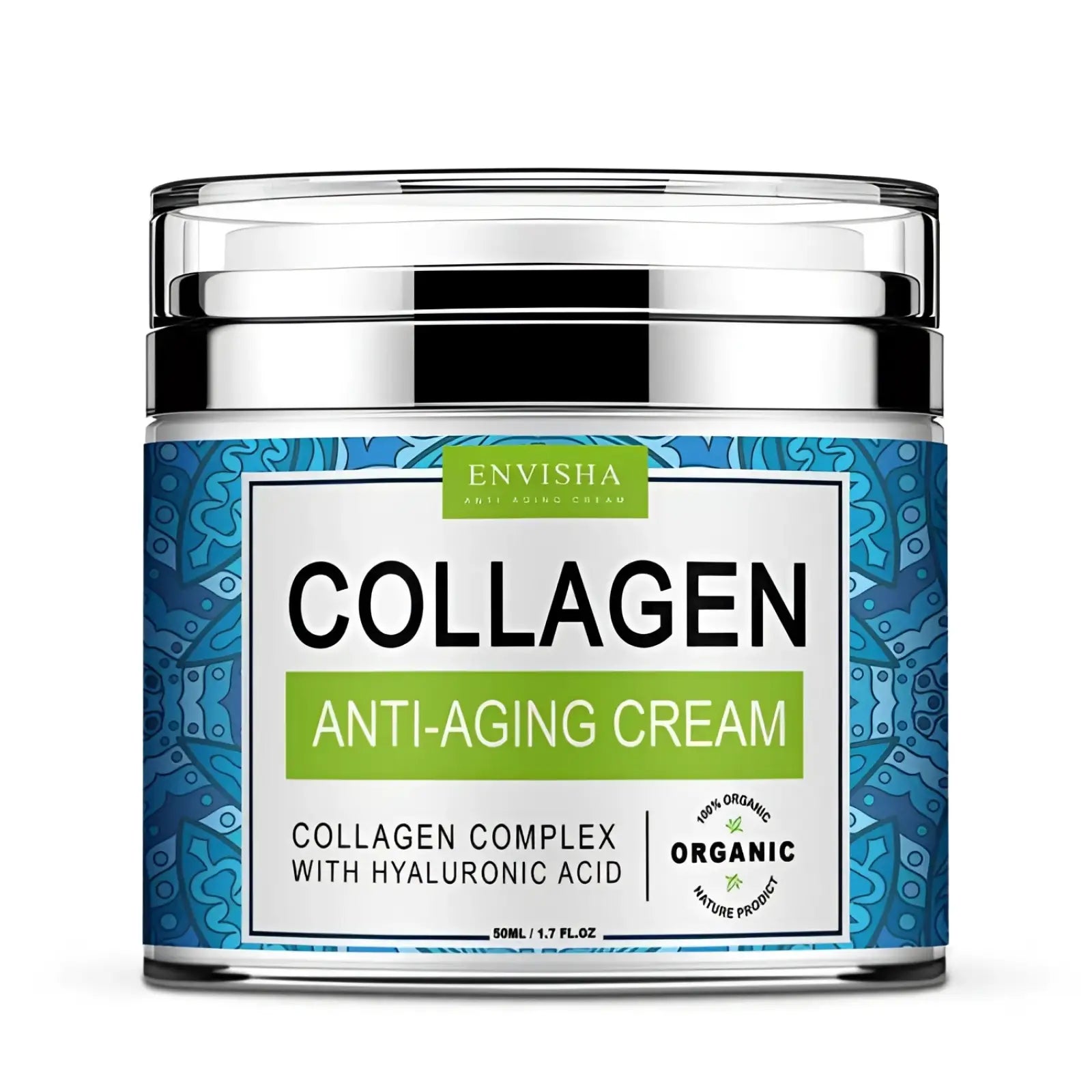 Envisha retinol collagen anti-aging cream with vitamin e in a clear glass jar with silver lid and blue patterned label 50g