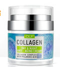 Olf collagen day and night anti-aging cream in clear jar with silver lid and blue patterned label Retinol Collagen Anti-aging Cream with Vitamin E 50g