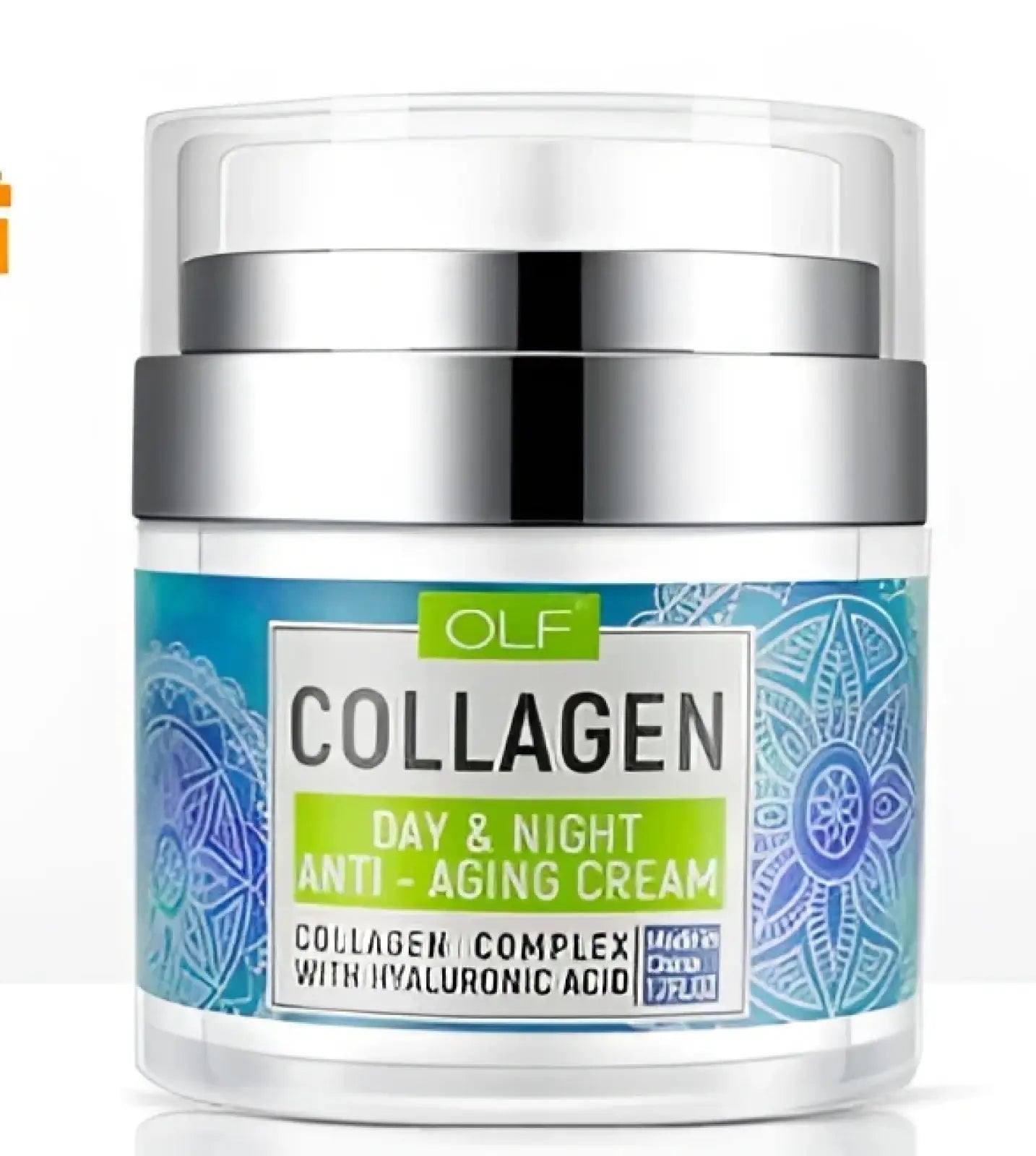 Olf collagen day and night anti-aging cream in clear jar with silver lid and blue patterned label Retinol Collagen Anti-aging Cream with Vitamin E 50g