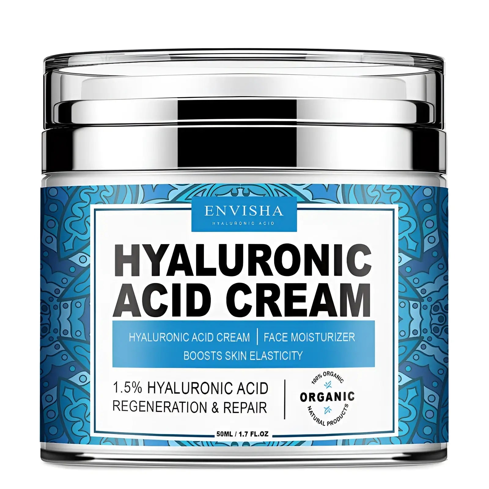 Envisha retinol collagen anti-aging cream in a sleek silver jar with blue patterned label and hyaluronic acid 50g