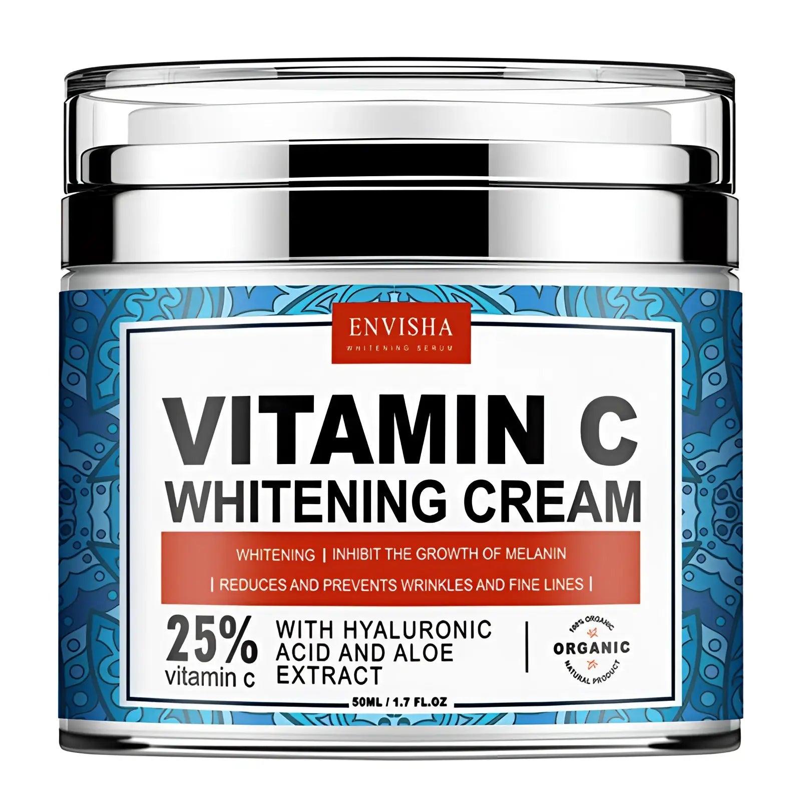 Envisha retinol collagen anti-aging cream in a silver jar with a blue label featuring 25% vitamin c and hyaluronic acid