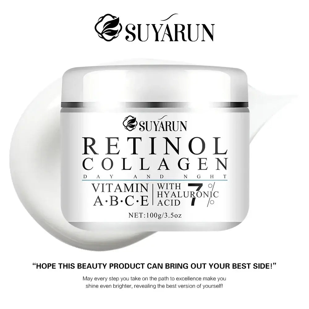 Suyarun retinol collagen cream in a white jar with shea butter for tender skin and 7% hyaluronic acid