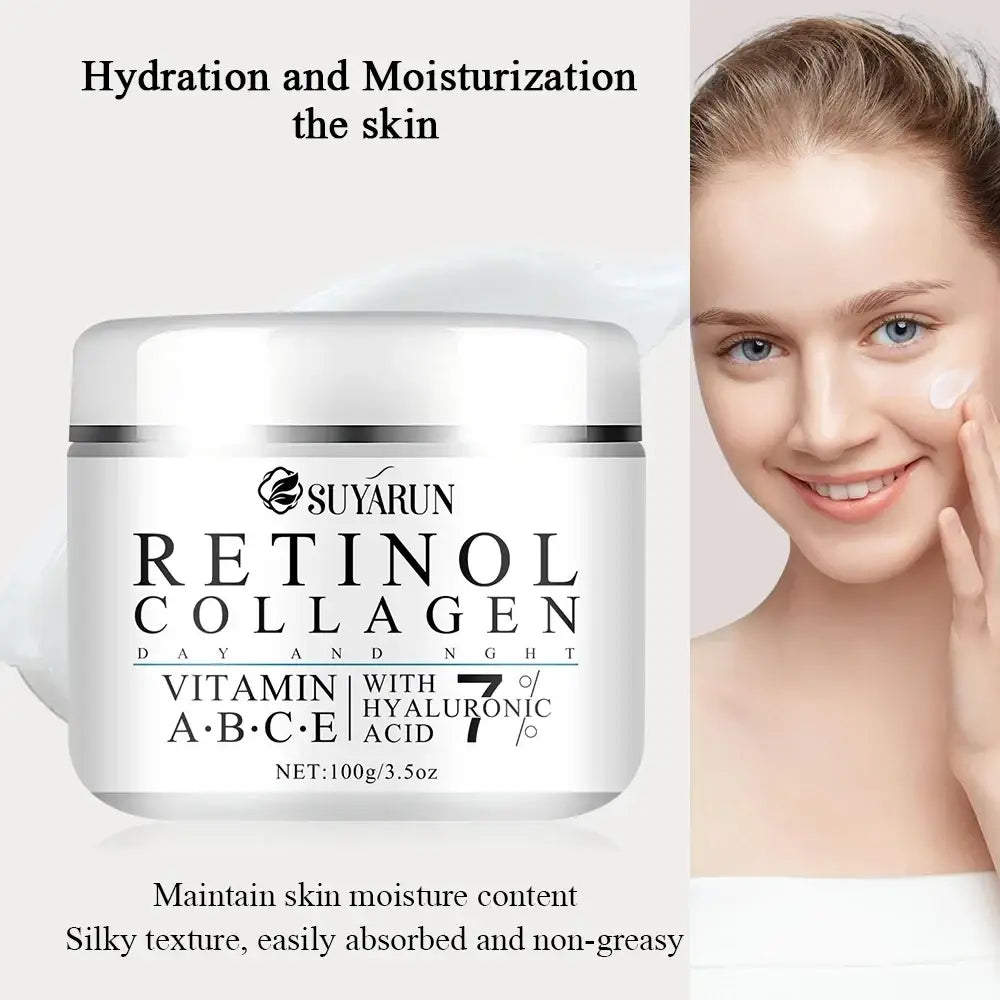 Suyarun retinol collagen cream in a white jar with shea butter hydrates tender skin with vitamins A B C E and hyaluronic acid