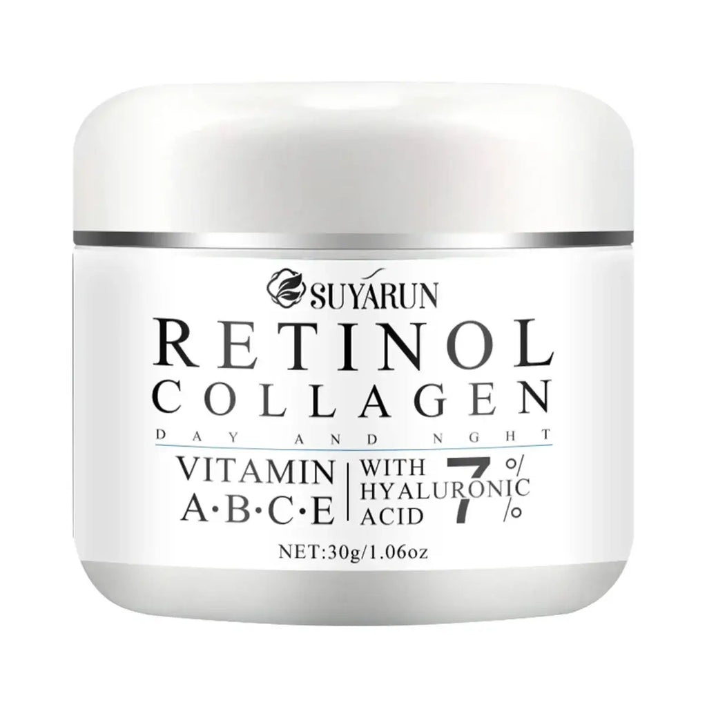 White ceramic jar with silver band of retinol collagen cream with shea butter for tender skin and vitamin abc-e