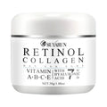 White ceramic jar with silver band of retinol collagen cream with shea butter for tender skin and vitamin abc-e