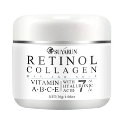 White ceramic jar with silver band of retinol collagen cream with shea butter for tender skin and vitamin abc-e
