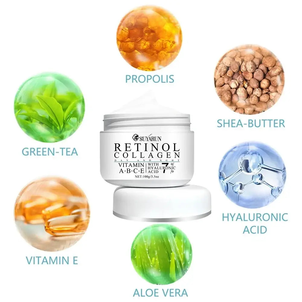 White cylindrical jar of suyarun retinol collagen cream with shea butter for tender skin in skin care routine