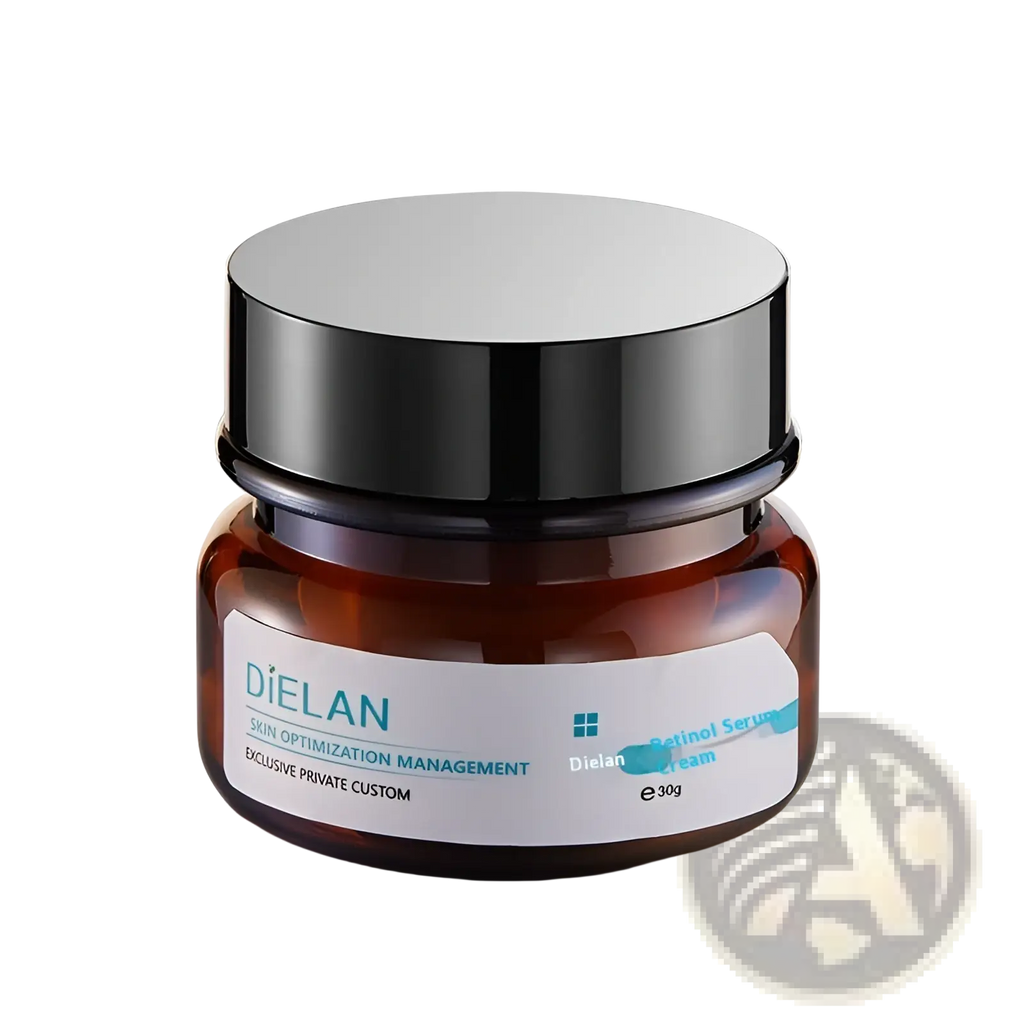 A sleek amber glass jar with a black lid labeled dielan retinol serum cream for anti-aging and firming 30ml