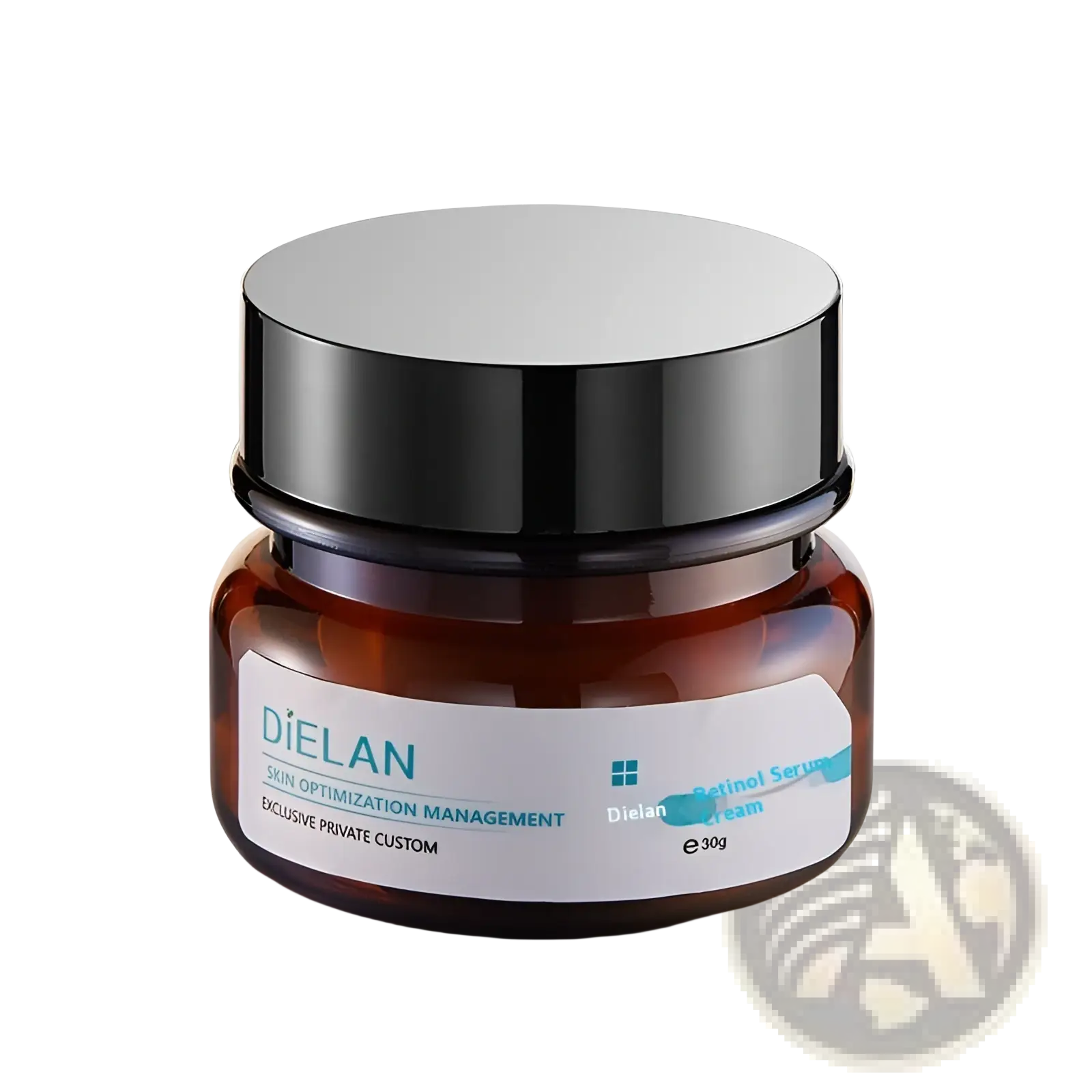 A sleek amber glass jar with a black lid labeled dielan retinol serum cream for anti-aging and firming 30ml