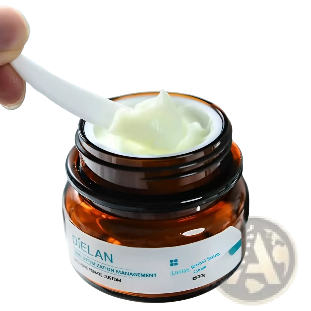 A creamy white retinol facial cream in a brown glass jar with black lid by dielan for anti-aging and firming