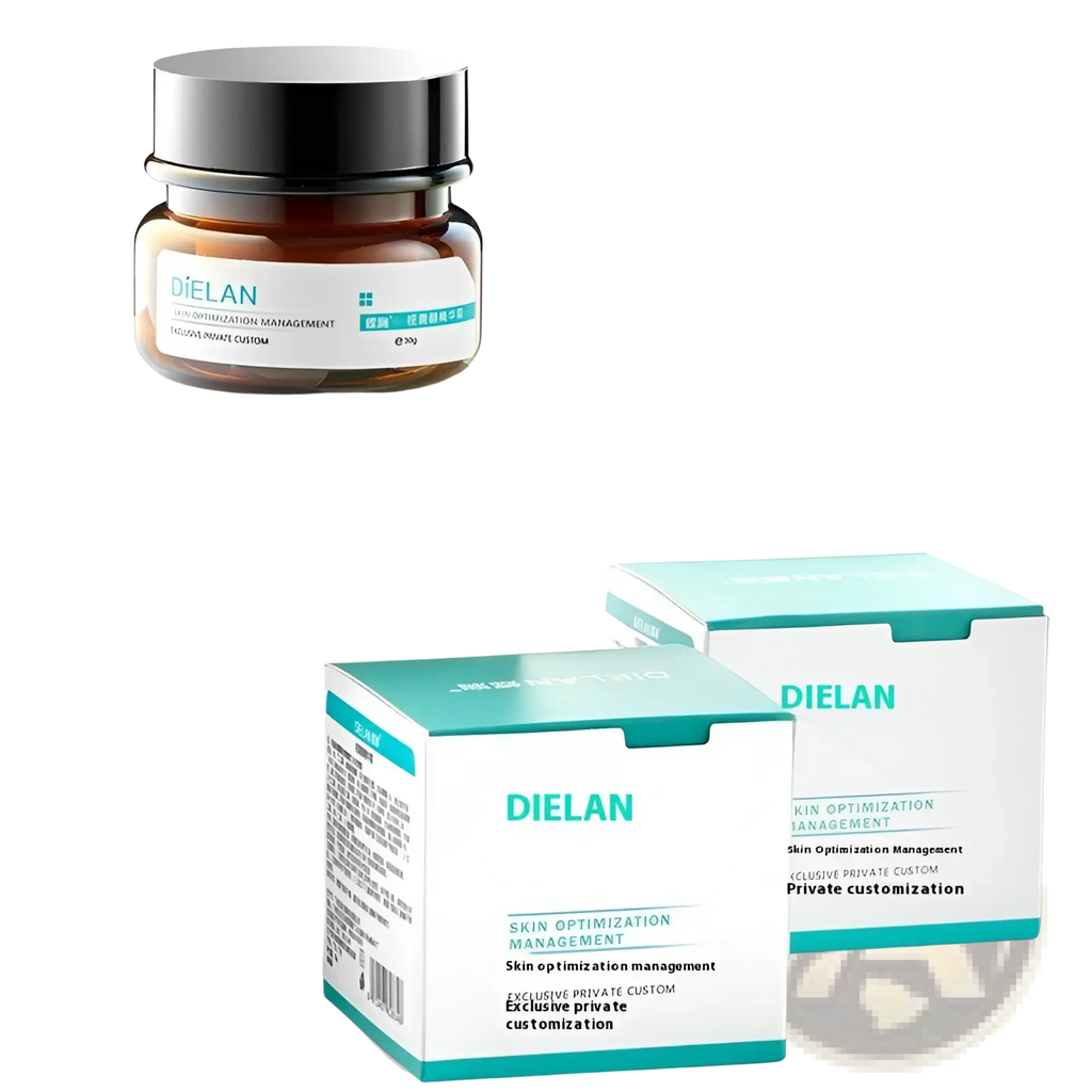 A sleek amber glass jar with black lid and white dielan label for retinol facial cream anti-aging and firming 30ml