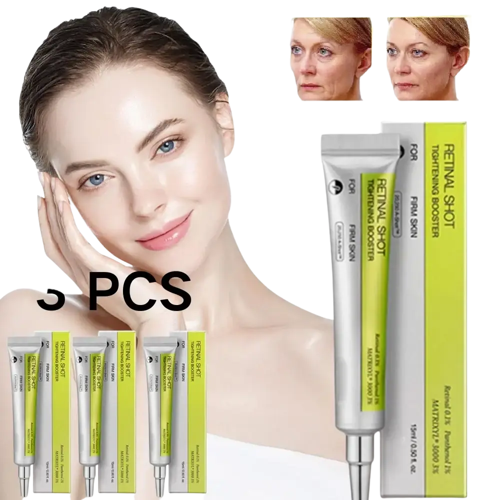 Silver and lime green retinol firming booster serum tubes with sleek modern design for advanced skin care tightening benefits