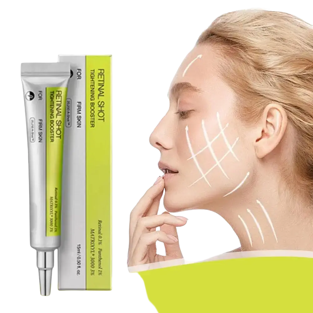 Silver tube of retinol firming booster serum with lime green label and matching box for skin care tightening benefits