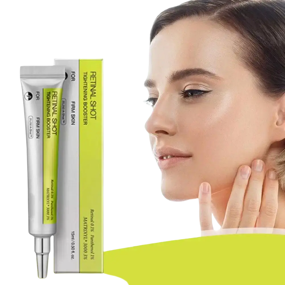 Silver tube of retinol firming booster serum for skin care with tightening benefits for firm skin