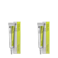 Two silver tubes of retinol firming booster serum with bright lime green labels and matching boxes for skin care