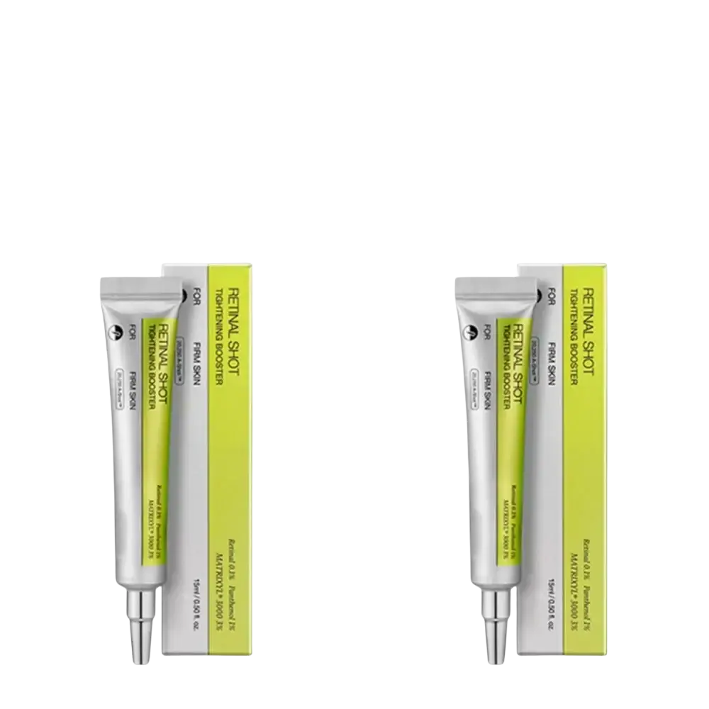 Two silver tubes of retinol firming booster serum with bright lime green labels and matching boxes for skin care