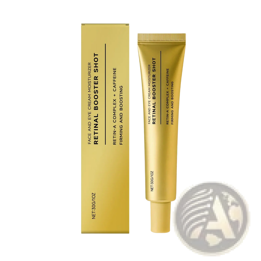 Golden tube of retinol firming cream gold booster shot for face and eyes with sleek metallic finish and matching box