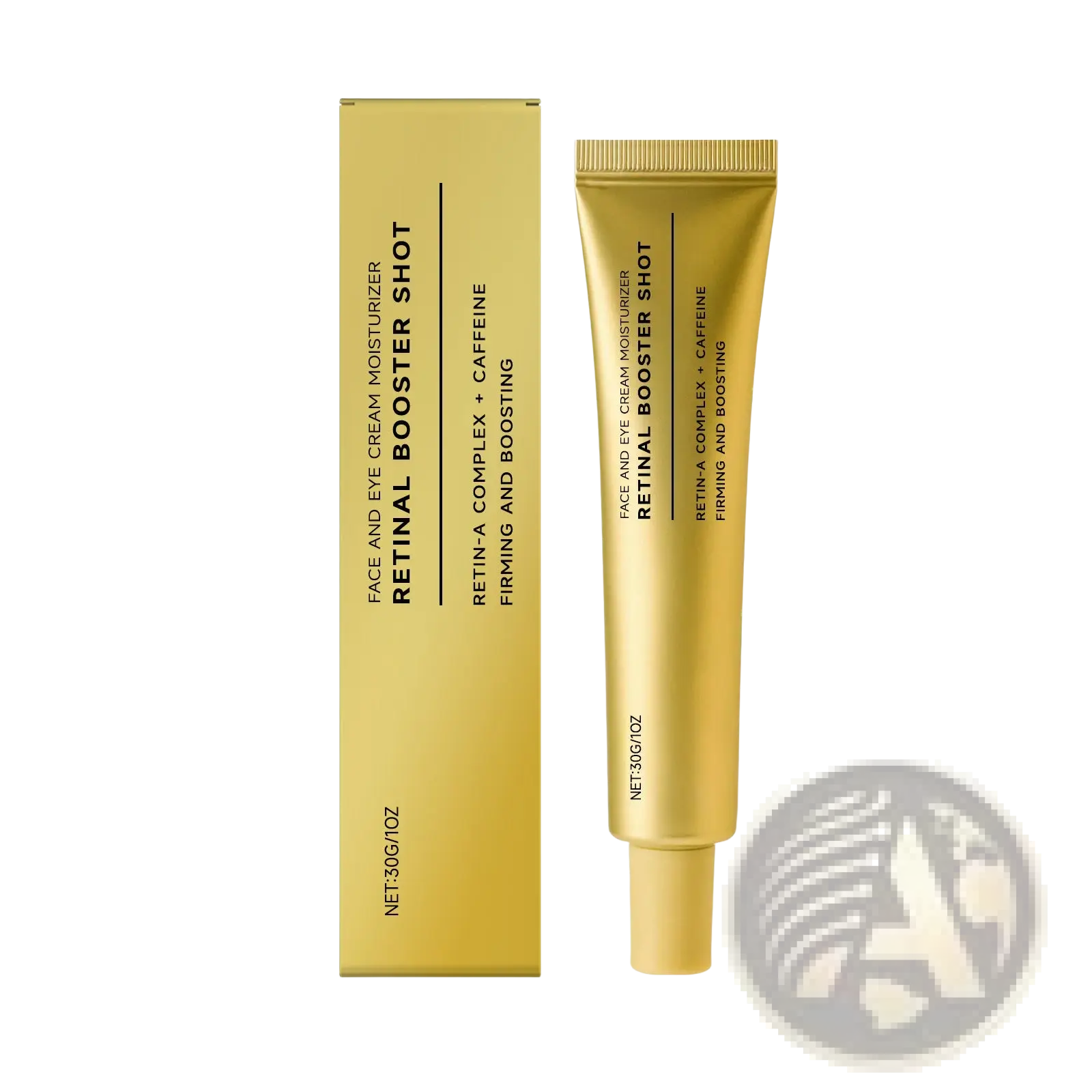 Golden tube of retinol firming cream gold booster shot for face and eyes with sleek metallic finish and matching box
