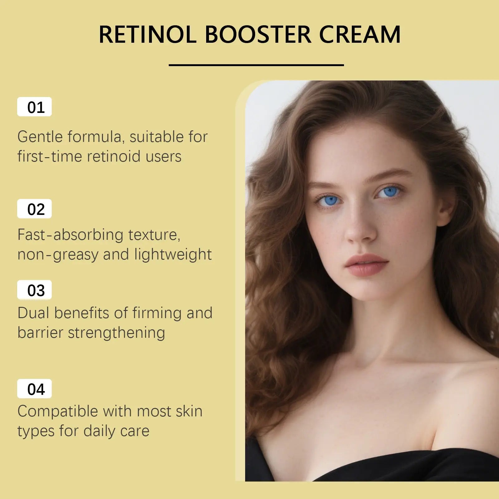 Retinol firming cream gold booster shot in a sleek transparent bottle with white cap showing light gel inside for face and eyes