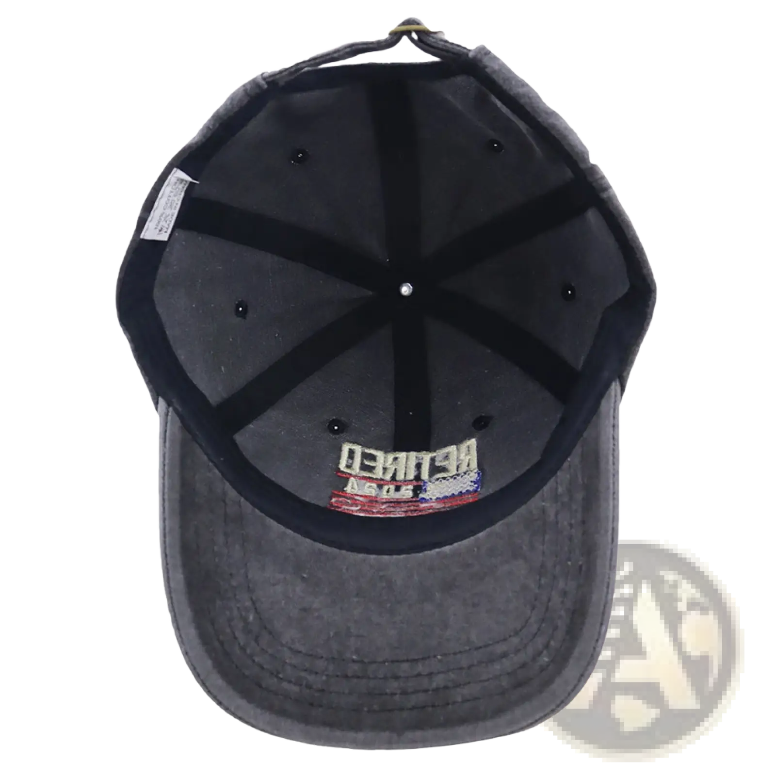 Dark gray distressed baseball cap with embroidered retired soldier patch and red white blue accents retirement 2025