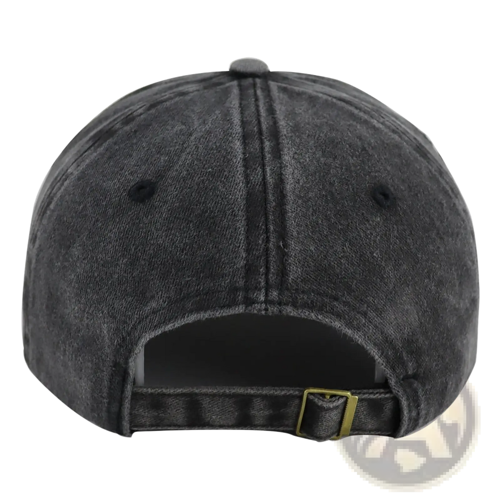 Retirement 2025 distressed American flag baseball cap in dark gray distressed denim with gold-tone buckle and adjustable strap
