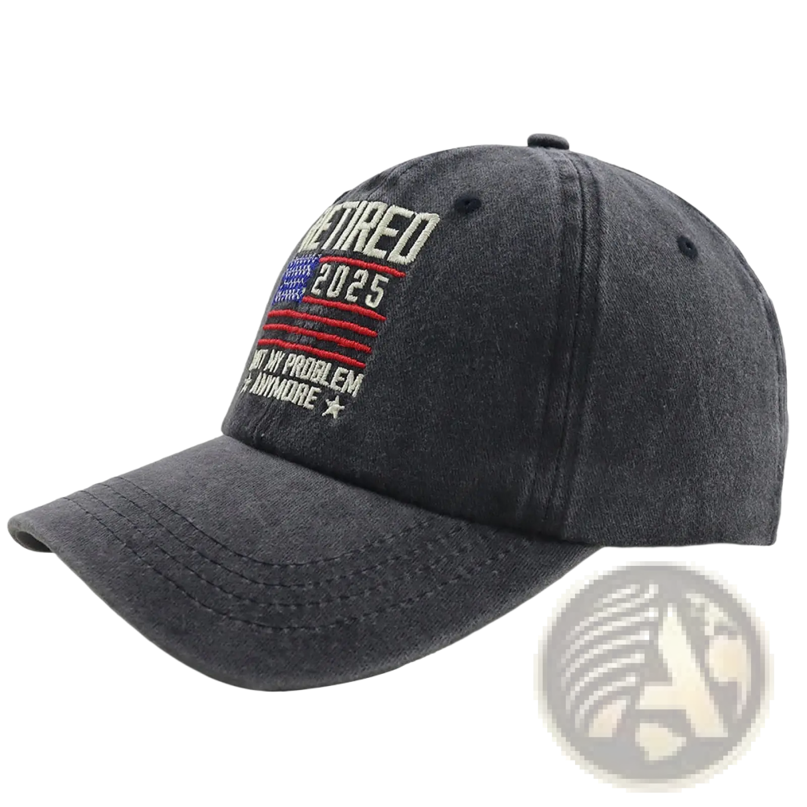 Dark gray distressed cotton baseball cap with embroidered retirement 2025 text and american flag design