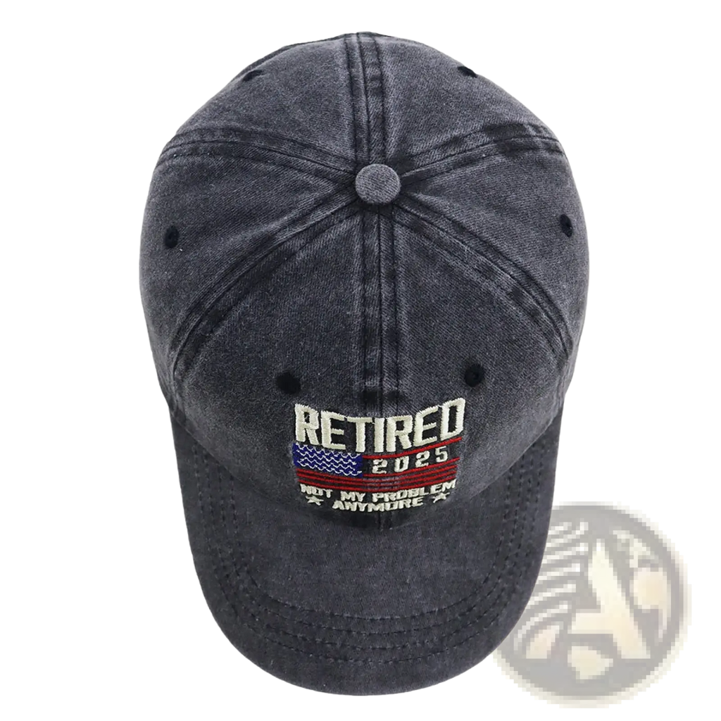 Dark gray denim baseball cap with embroidered retired 2025 text and distressed American flag design for retirement