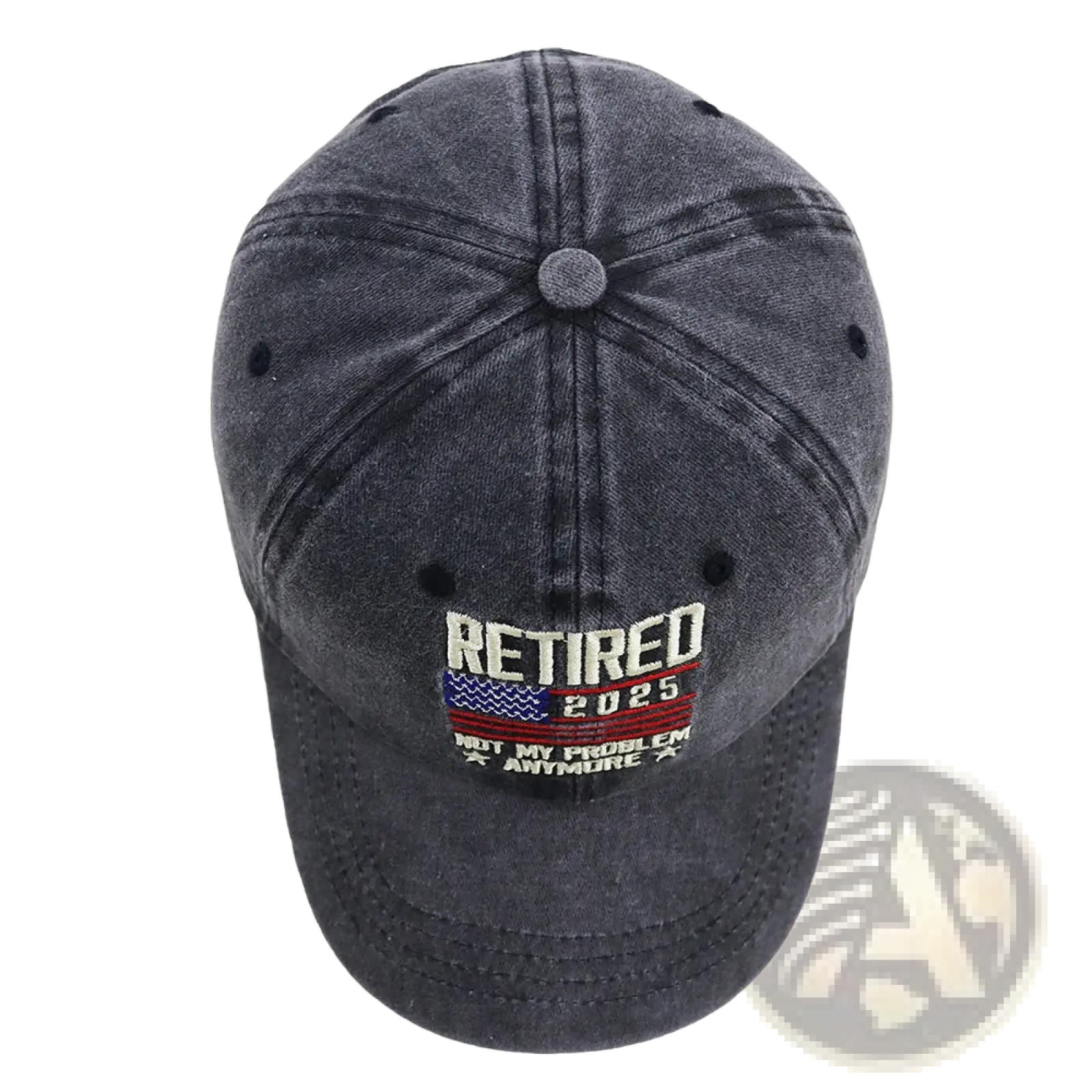 Dark gray denim baseball cap with embroidered retired 2025 text and distressed American flag design for retirement