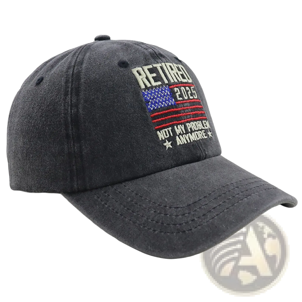 Dark gray distressed cotton baseball cap featuring embroidered Retirement 2025 text and American flag design